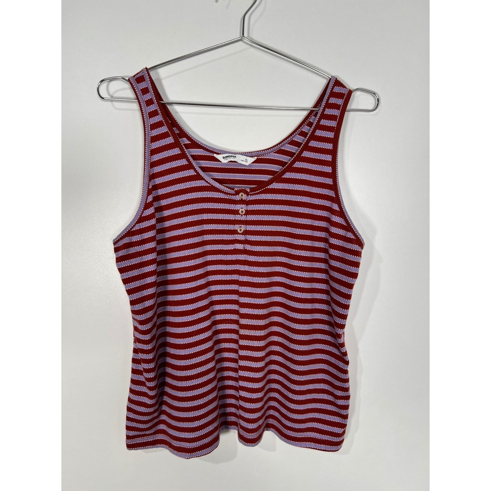 Sonoma Goods For Life Red Purple Striped Henley Tank Top Casual Basic XL